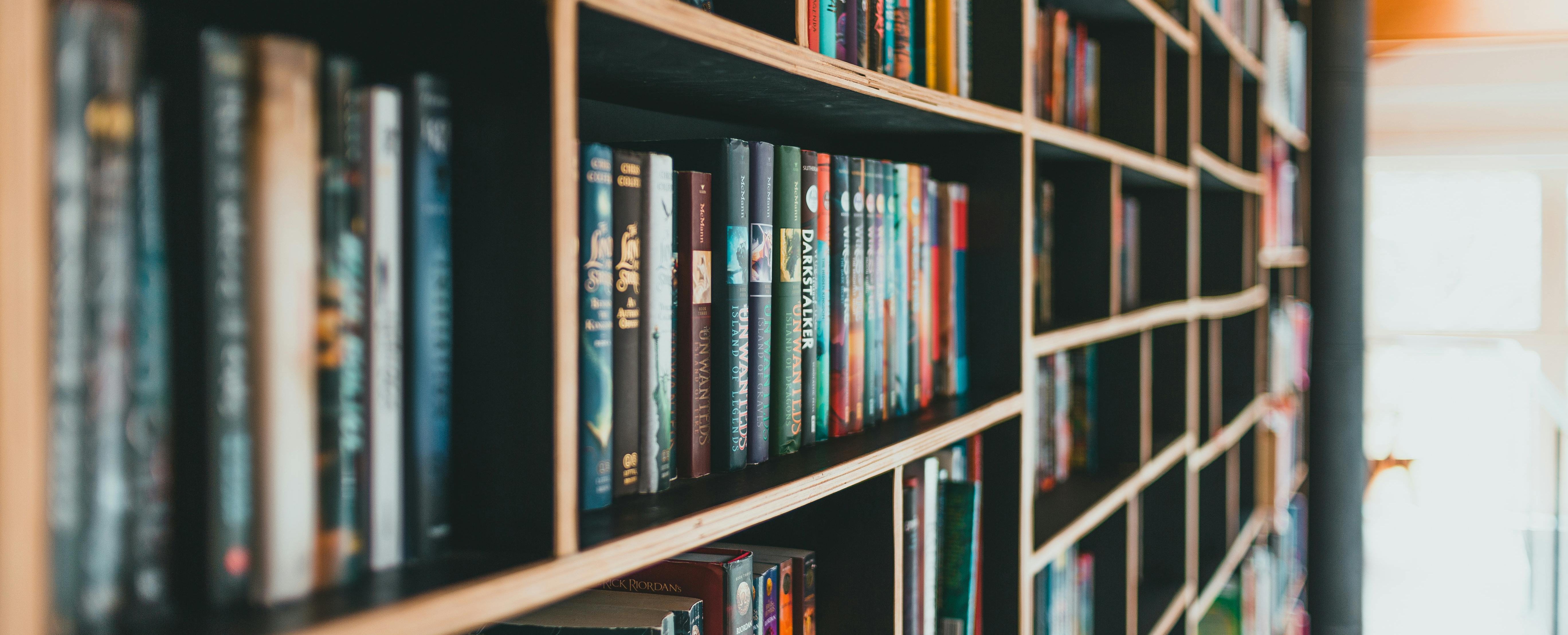 Bookshelf filled with books in a room with wooden beams.